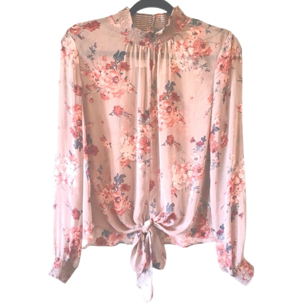 Mystree Sheer Mock Neck Romantic Floral Blouse